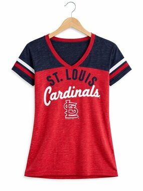 St Louis Cardinals MLB V-Neck Tee Women Large Red Blue Graphic Baseball Shirt
